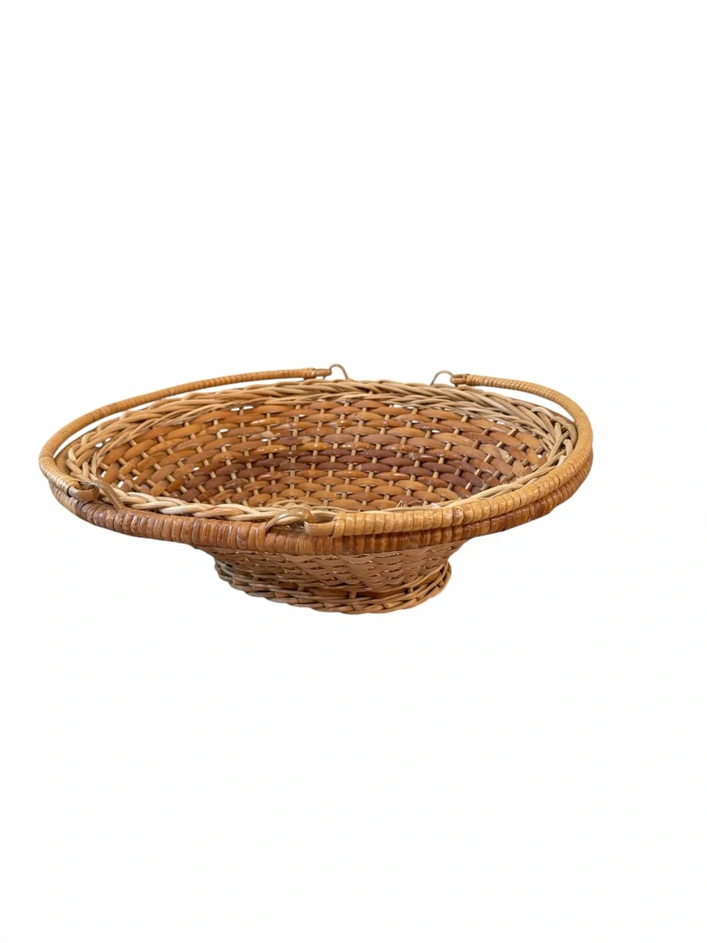 Vintage Large Woven Rattan Basket Double Handles Pedestal Boho Farmhouse Décor
